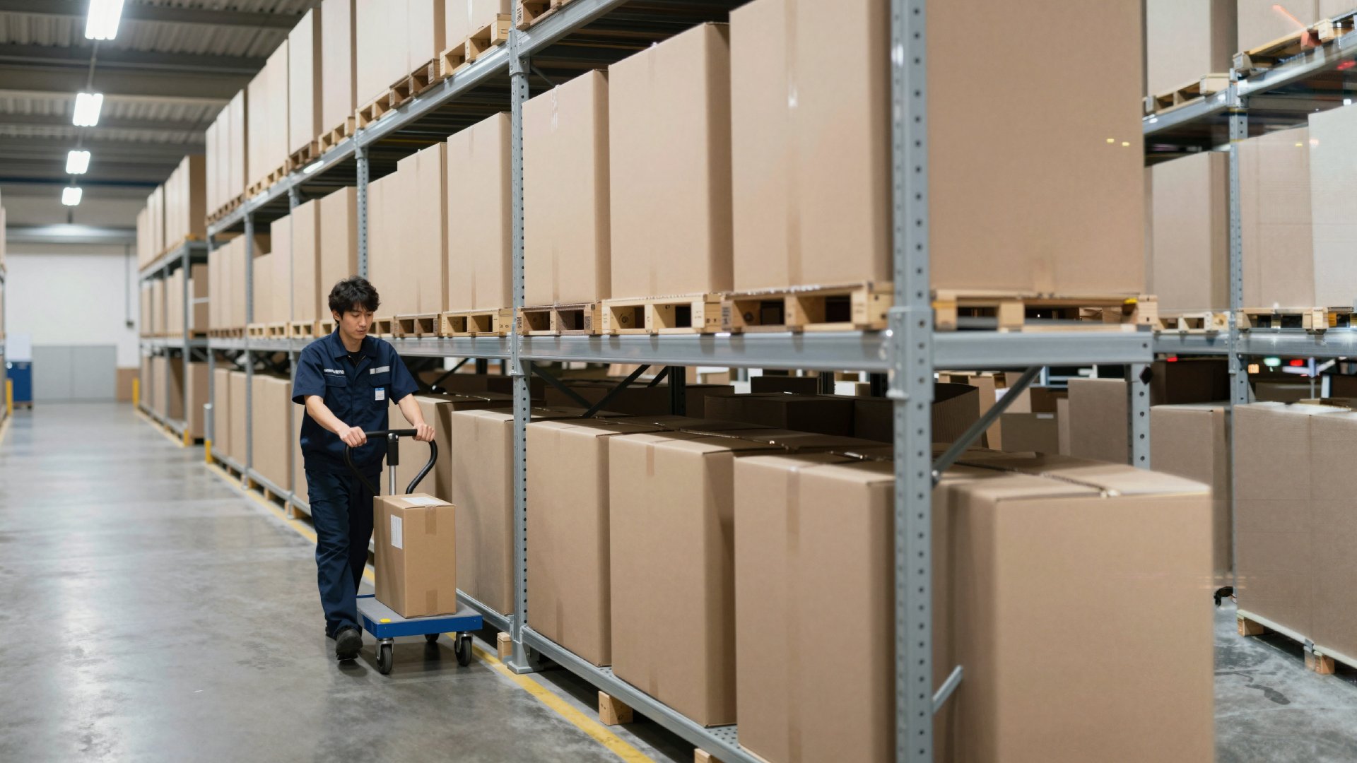 Kurzfristigen Personalbedarf: Lagermitarbeiter transportiert Ware in einem gut gefüllten Lager. Kurzfristigen Personalbedarf: Lagermitarbeiter transportiert Ware in einem gut gefüllten Lager.