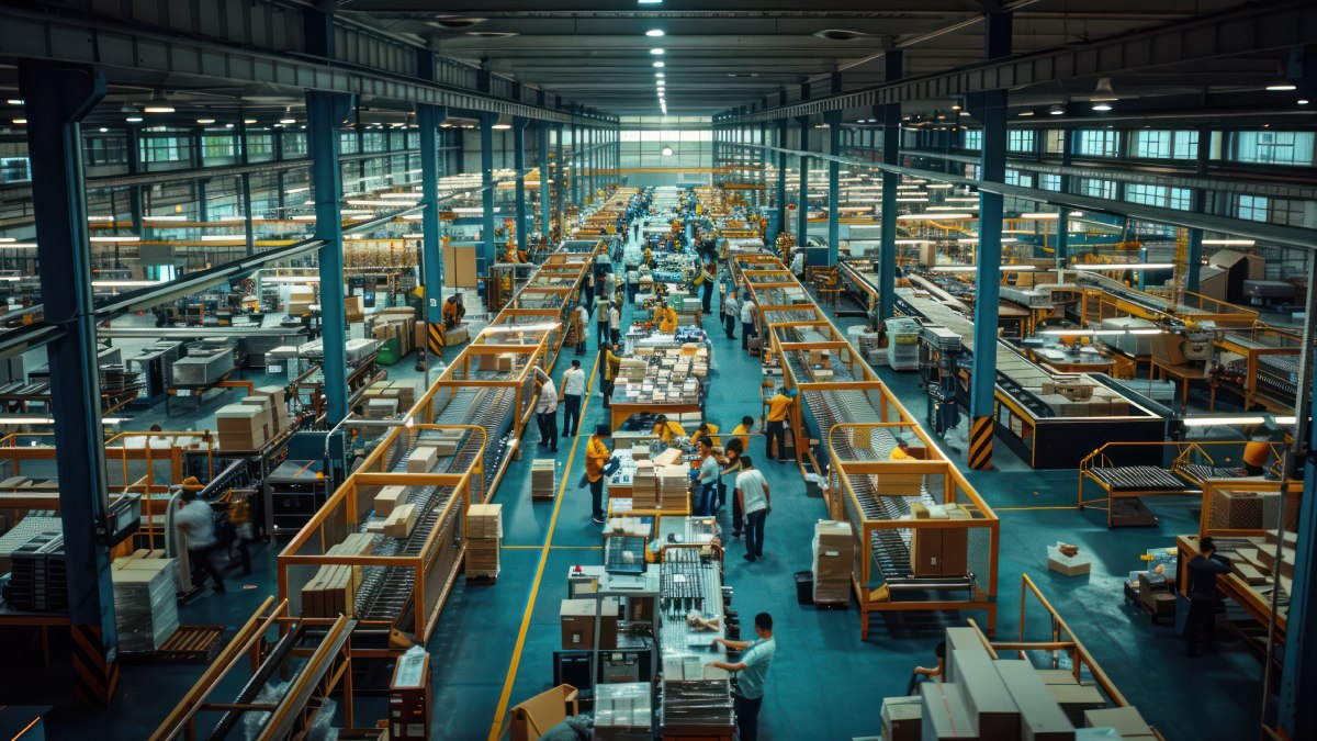 Kurzfristigen Personalbedarf: Mitarbeitende in einer ausgelasteten Produktions- und Logistikhalle.